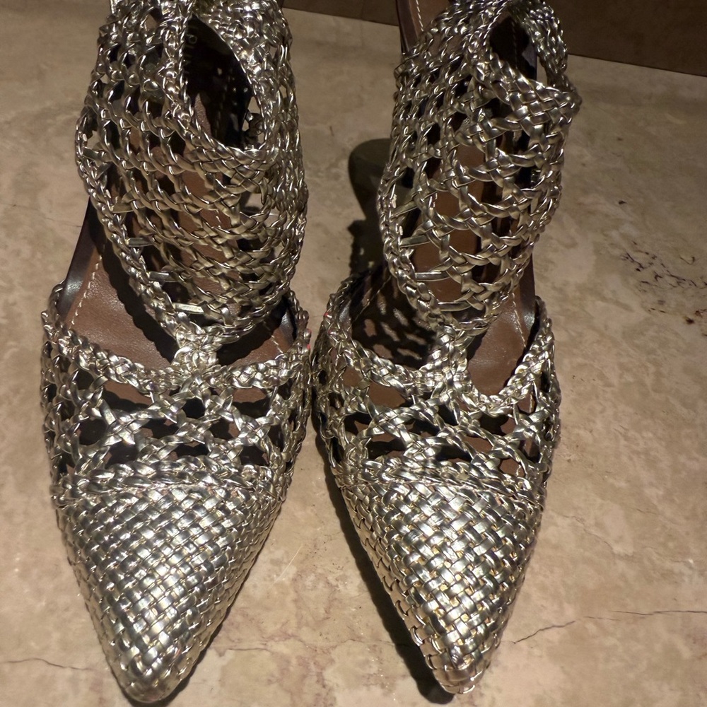 Donald J. Pliner Silver Braided Pointed-Toe Sling Heels